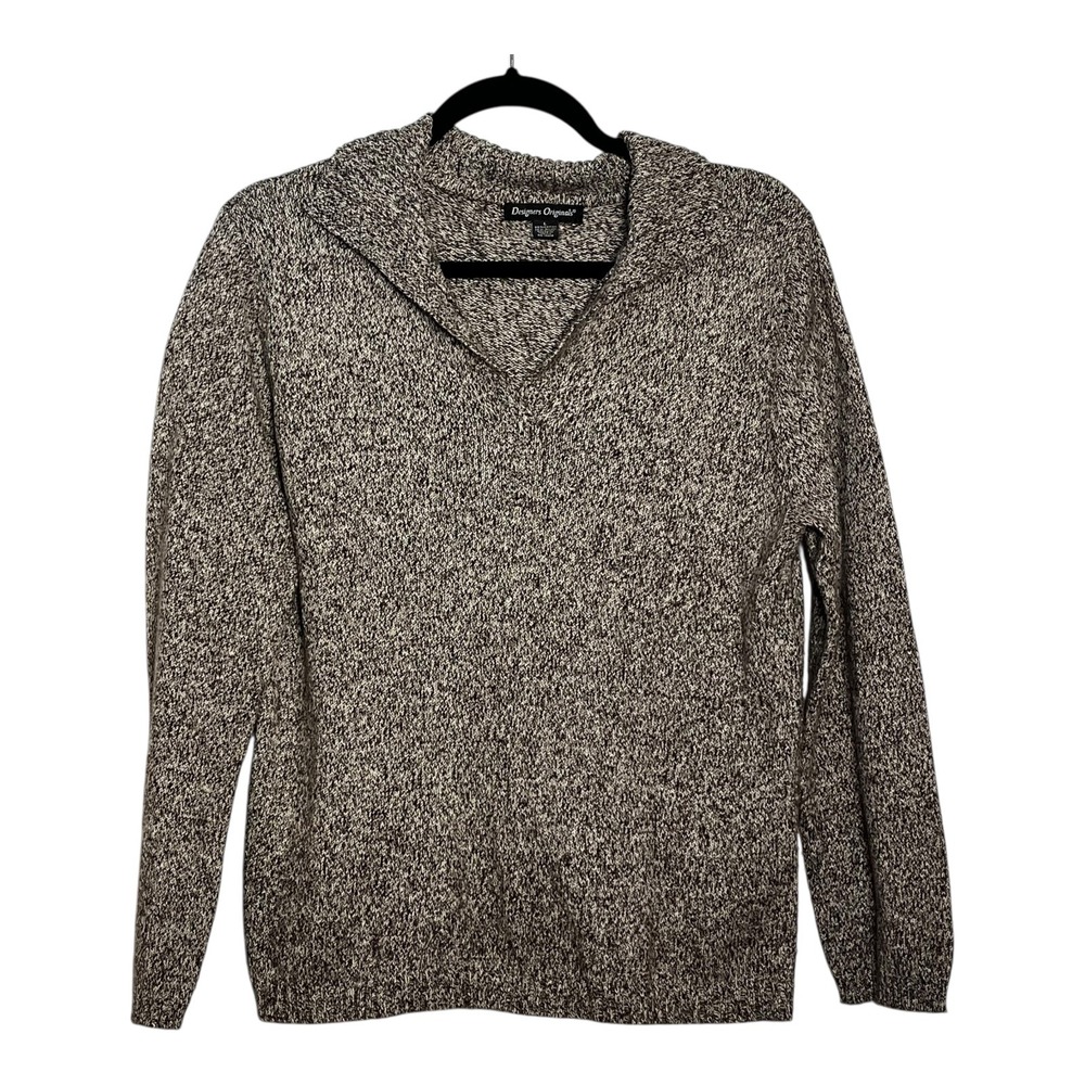 Designers Originals Womens Brown Marled Knit V-Neck Collared Sweater Large L